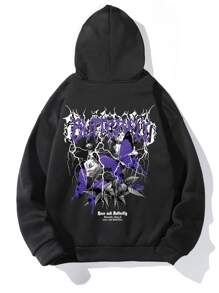 ROMWE MEN Grunge Punk Men Floral & Letter Graphic Drawstring Thermal Hoodie, School - Black - View 1