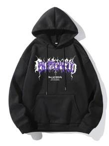 ROMWE MEN Grunge Punk Men Floral & Letter Graphic Drawstring Thermal Hoodie, School - Black - View 2