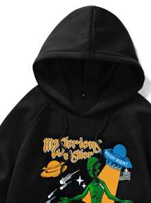 ROMWE MEN Street Life Guys Slogan Alien Graphic Drawstring Hoodie - Black - View 4