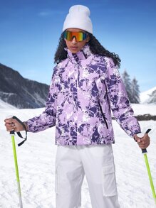 Allover Print Waterproof Hooded Jacket & Detachable Liner - Purple - View 3