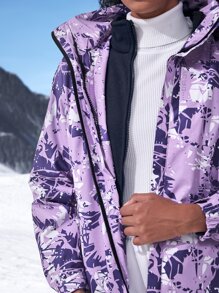 Allover Print Waterproof Hooded Jacket & Detachable Liner - Purple - View 4