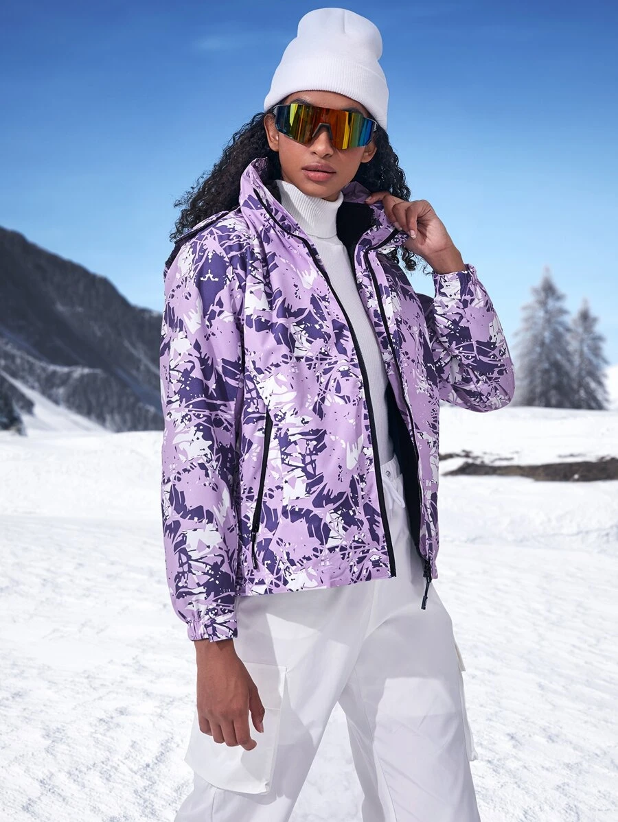 Allover Print Waterproof Hooded Jacket & Detachable Liner - Purple - View 1