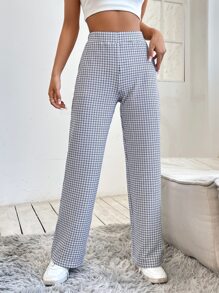 SHEIN PETITE Plaid Print Straight Leg Trousers - Black and White - View 5