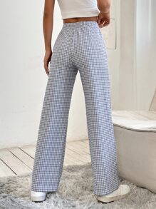 SHEIN PETITE Plaid Print Straight Leg Trousers - Black and White - View 2