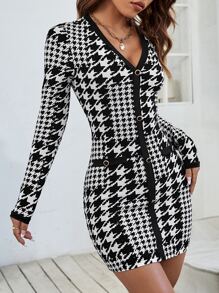 SHEIN PETITE Houndstooth Print Button Detail Bodycon Dress - Black and White - View 3