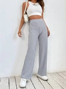 SHEIN PETITE Plaid Print Straight Leg Trousers - Black and White - View 4