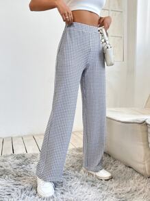 SHEIN PETITE Plaid Print Straight Leg Trousers - Black and White - View 3