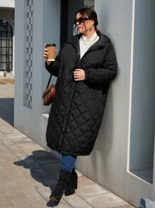 SHEIN Essnce Plus Drop Shoulder Hooded Quilted Coat - Black - View 4