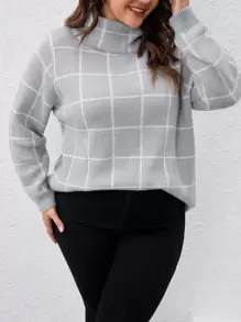 SHEIN LUNE Áo len cổ cao tay trễ họa tiết kẻ caro, kiểu dáng chui đầu, thích hợp cho mùa thu đông. - Màu Xám nhạt - Xem 1