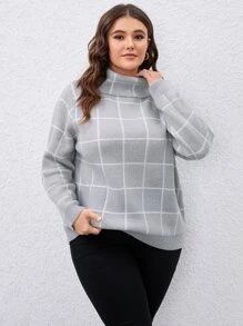 SHEIN LUNE Áo len cổ cao tay trễ họa tiết kẻ caro, kiểu dáng chui đầu, thích hợp cho mùa thu đông. - Màu Xám nhạt - Xem 4