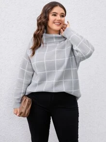 SHEIN LUNE Áo len cổ cao tay trễ họa tiết kẻ caro, kiểu dáng chui đầu, thích hợp cho mùa thu đông. - Màu Xám nhạt - Xem 5