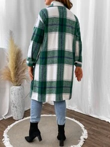 SHEIN LUNE Abrigo con estampado de cuadros de hombros caídos - Verde - Ver 2