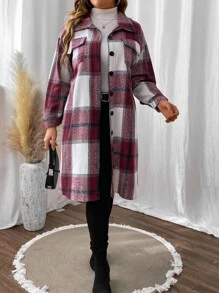 SHEIN LUNE Plus Plaid Print Drop Shoulder Coat Fall Winter Cloth For Women Autumn - Burgundy - View 6