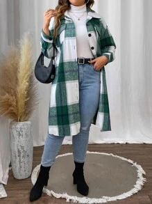 SHEIN LUNE Abrigo con estampado de cuadros de hombros caídos - Verde - Ver 4