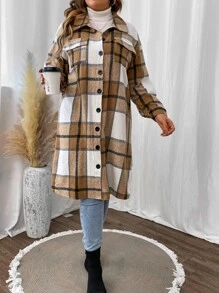 SHEIN LUNE Abrigo con estampado de cuadros de hombros caídos - Multicolor - Ver 4