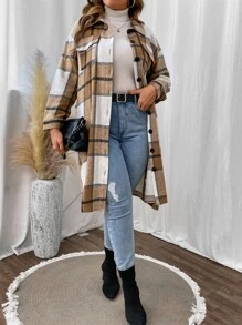 SHEIN LUNE Abrigo con estampado de cuadros de hombros caídos - Multicolor - Ver 5