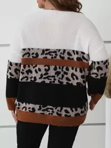 SHEIN LUNE Oversize Pullover mit Leopardenmuster, Farbblockdesign und Drop Shoulder, Winterpullover Leopardenmuster Oversize für Frauen