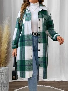 SHEIN LUNE Abrigo con estampado de cuadros de hombros caídos - Verde - Ver 6