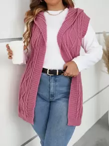 SHEIN LUNE Cárdigan de plumero tejido de cable con capucha - Rosa - Ver 3