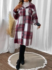 SHEIN LUNE Plus Plaid Print Drop Shoulder Coat Fall Winter Cloth For Women Autumn - Burgundy - View 4