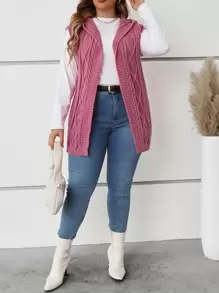 SHEIN LUNE Cárdigan de plumero tejido de cable con capucha - Rosa - Ver 4