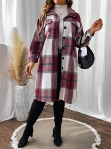 SHEIN LUNE Plus Plaid Print Drop Shoulder Coat Fall Winter Cloth For Women Autumn - Burgundy - View 5