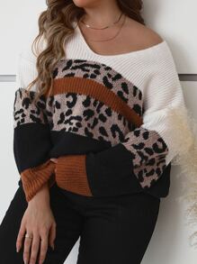 SHEIN LUNE Oversize Pullover mit Leopardenmuster, Farbblockdesign und Drop Shoulder, Winterpullover Leopardenmuster Oversize für Frauen