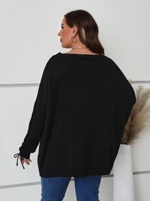SHEIN LUNE Áo len dệt kim màu trơn dáng rộng thoải mái, trễ vai, buộc dây, dài vừa phải, cỡ lớn dành cho nữ, mùa thu/đông - màu đen - Xem 2