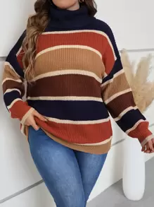 SHEIN LUNE Plus Colour Block Turtleneck Drop Shoulder Jumper - Multicolor - View 1