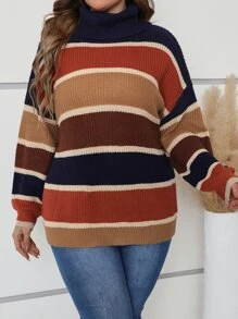 SHEIN LUNE Plus Colour Block Turtleneck Drop Shoulder Jumper - Multicolor - View 4