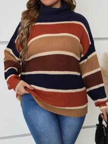 SHEIN LUNE Plus Colour Block Turtleneck Drop Shoulder Jumper - Multicolor - View 5