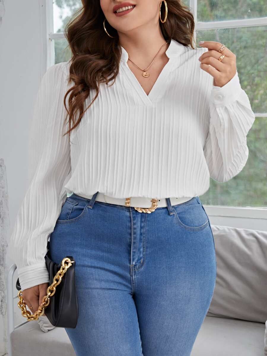 SHEIN Frenchy Plus Notched Neckline Blouse - White - View 1