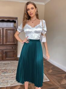 Pariaura Solid Pleated Skirt - Teal Blue - View 5