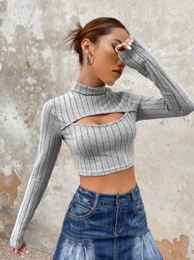 SHEIN ICON Áo thun nữ Gân đan Cắt ra màu trơn Gợi cảm - Xám - Xem 10
