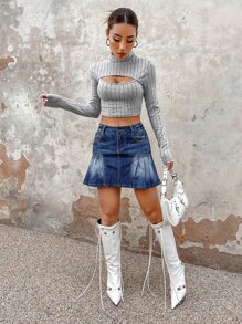 SHEIN ICON Áo thun nữ Gân đan Cắt ra màu trơn Gợi cảm - Xám - Xem 6