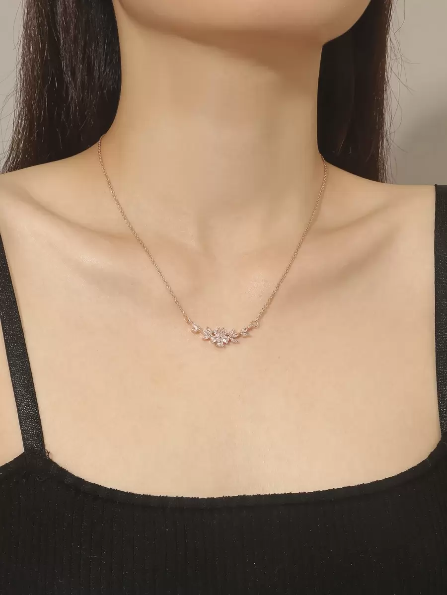 1pc Cubic Zirconia Flower Leaf Heart Snake Pendant Necklace, Gold Jewelry, Bridesmaid Gift, Gift For Her - Rose Gold - View 1