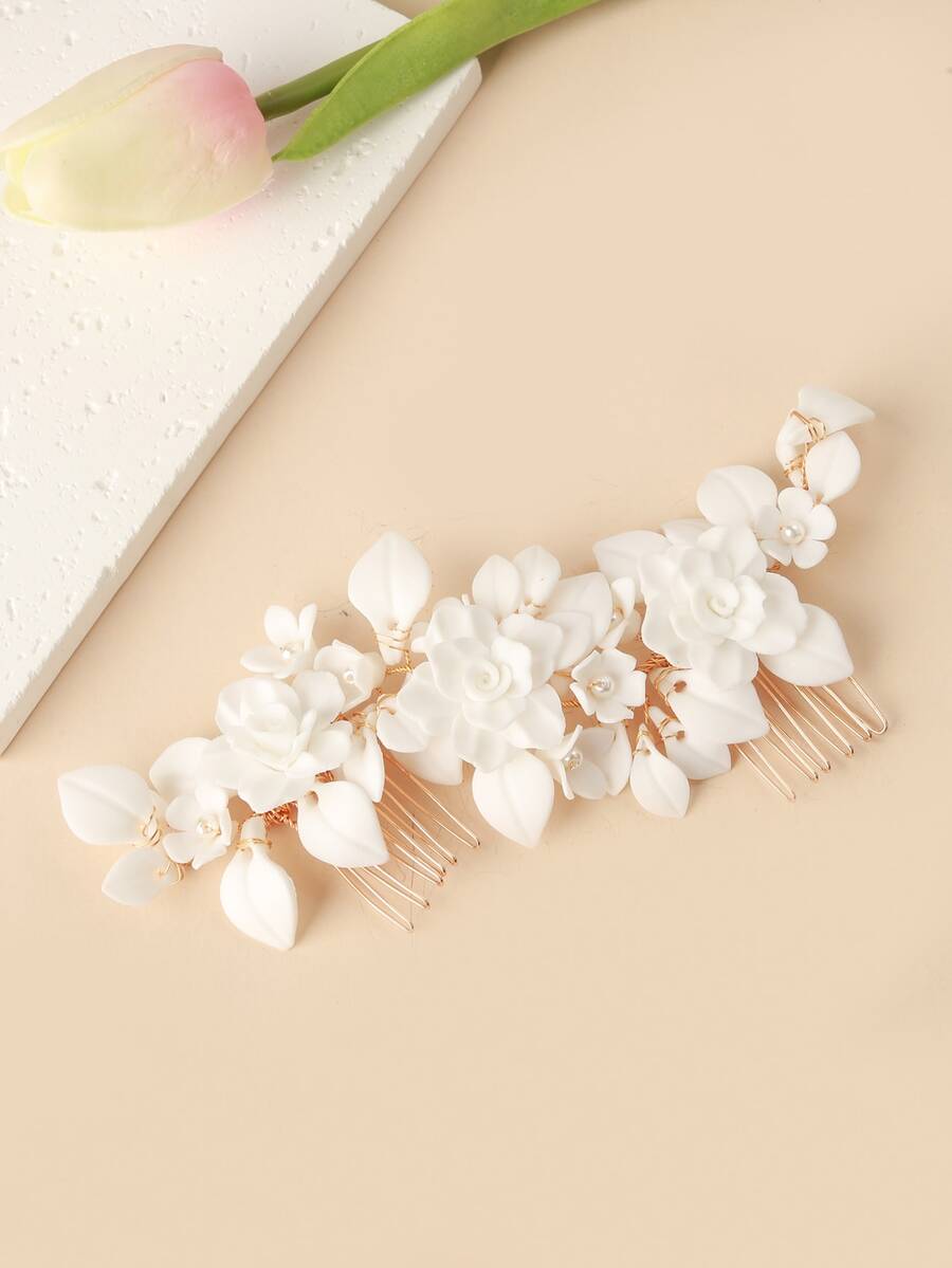 1個葉子設計的新娘派對髮夾,帶有別致的手工陶瓷花卉裝飾,適用於女性婚禮派對裝飾 - 金色 - 查看 1