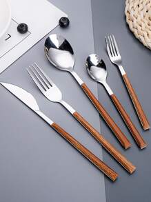 5pcs Wood Grain Pattern Cutlery Set - Silver - View 1