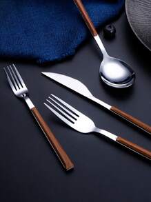 5pcs Wood Grain Pattern Cutlery Set - Silver - View 3
