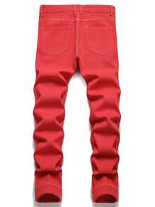 男士 Skeleton 贴袋拉链牛仔裤 - 紅色 - 查看 2