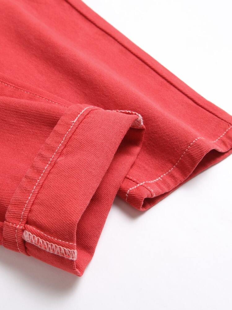 Jeans con bolsillo con parche de esqueleto y cremallera para hombres - Rojo - Añade 5