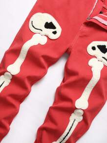 男士 Skeleton 贴袋拉链牛仔裤 - 紅色 - 查看 7