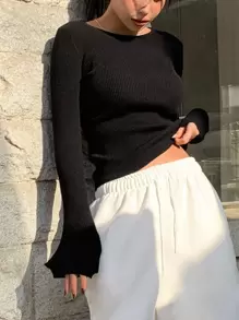 DAZY Suéter de punto casual de cuello redondo de unicolor de manga larga para mujer, otoño, blusas de manga larga, ropa de mujer de otoño