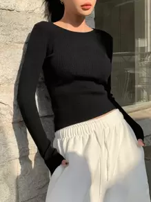 DAZY Suéter de punto casual de cuello redondo de unicolor de manga larga para mujer, otoño, blusas de manga larga, ropa de mujer de otoño