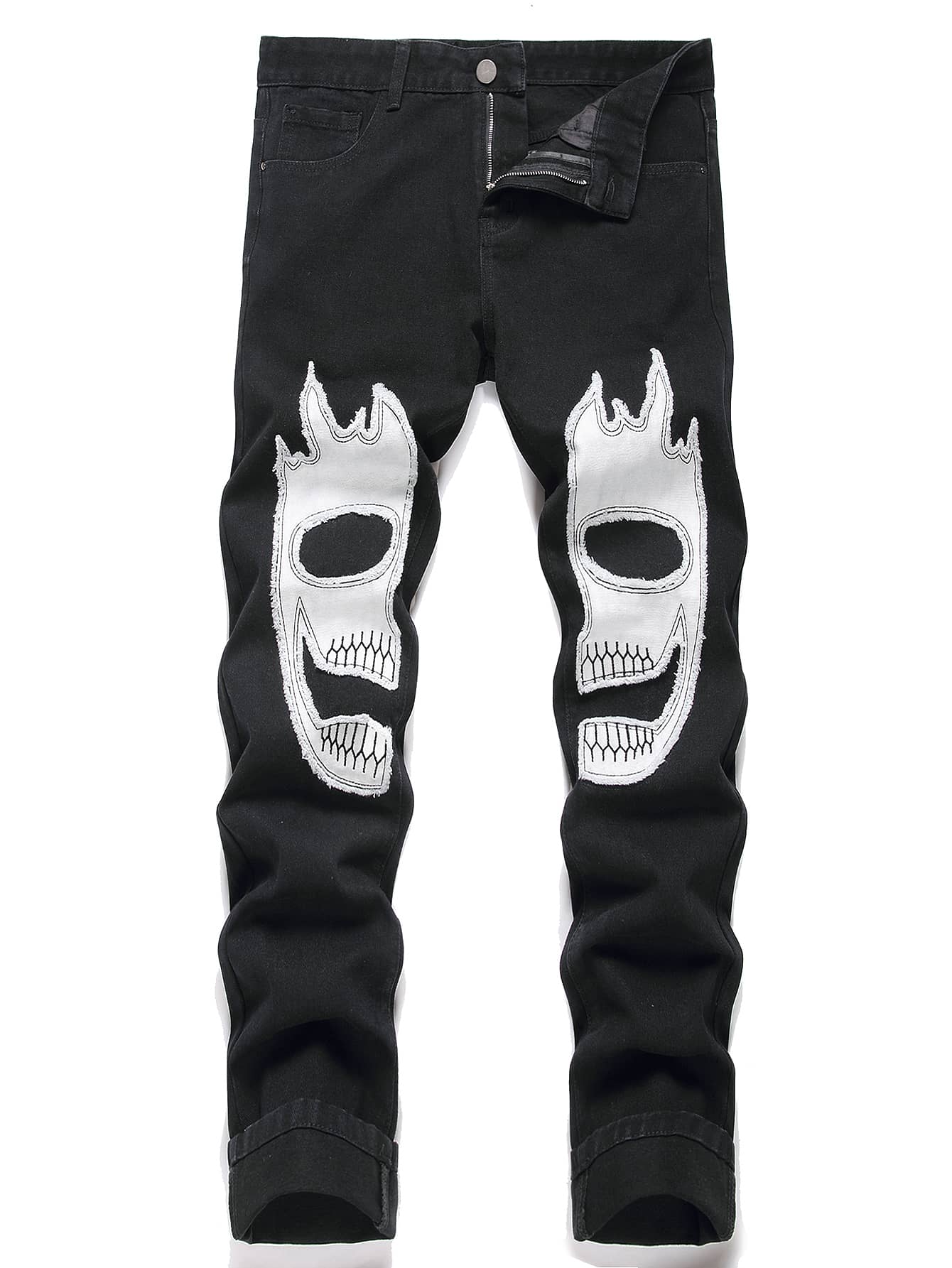 男士图案印花斜口袋牛仔裤 - 黑色 - 查看 1