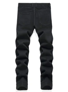 男士图案印花斜口袋牛仔裤 - 黑色 - 查看 2