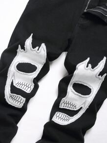 男士图案印花斜口袋牛仔裤 - 黑色 - 查看 5