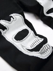 男士图案印花斜口袋牛仔裤 - 黑色 - 查看 6