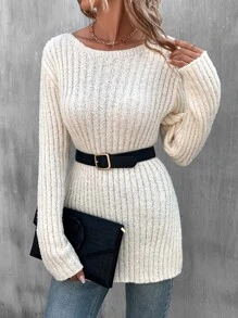 SHEIN Essnce Jersey bajo con abertura de hombros caídos sin cinturón - Albaricoque - Ver 3