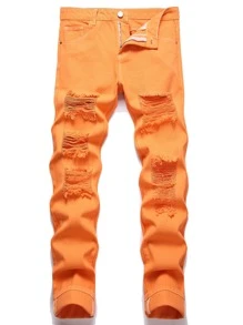 Quần Jeans Nam Ôm Thẳng Rách - trái cam - Xem 1